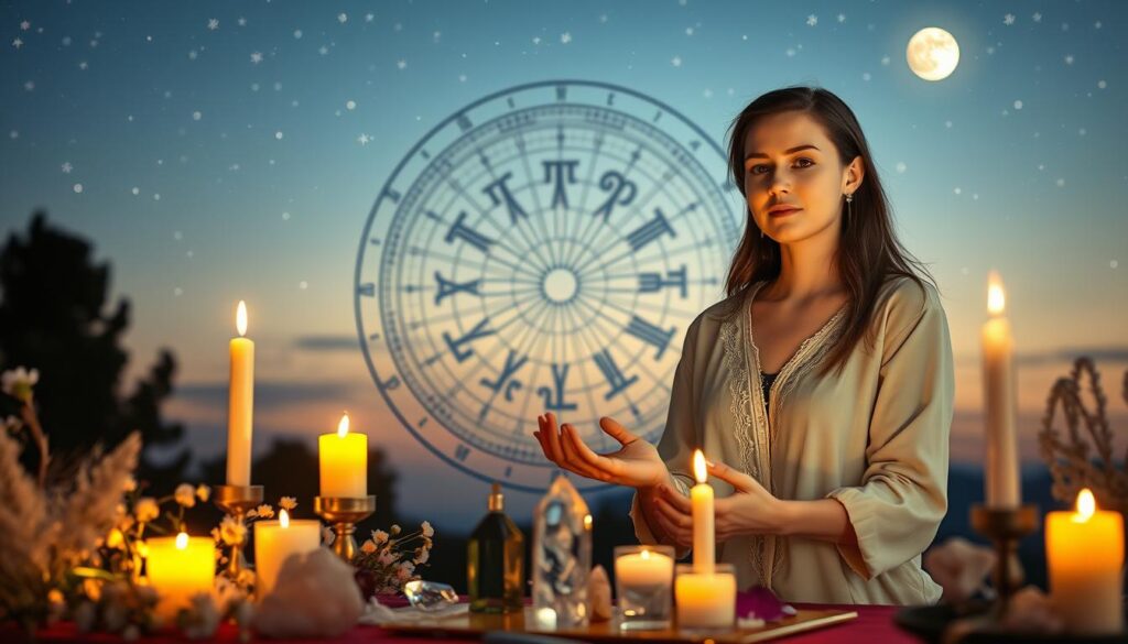 A mystical scene capturing the essence of "timing for love magic." In the foreground, a beautifully arranged altar with candles and crystals, glowing softly in warm light, surrounded by delicate flowers. A beautiful Caucasian woman in modest casual clothing, with her hands gently raised, appears to be casting an enchantment. In the middle ground, an intricate astrological wheel represents the celestial alignments essential for love spells. The background features a twilight sky adorned with stars, with a hint of the moon shining brightly, creating a serene and romantic atmosphere. Soft, ethereal lighting enhances the sense of magic and wonder, inviting viewers into this intimate moment. The overall mood is enchanting and hopeful, perfect for illustrating the right timing for love magic.