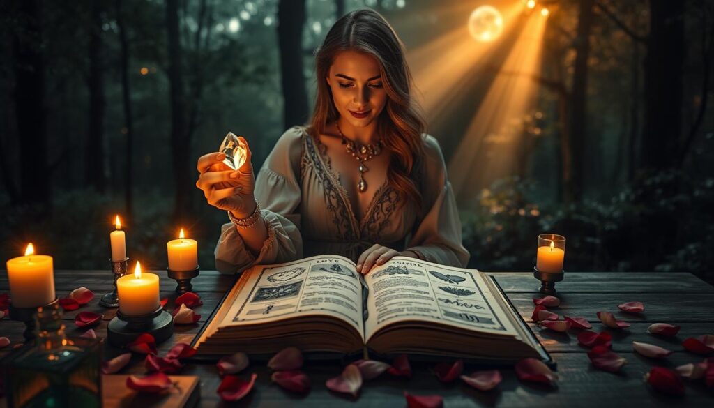 A mystical scene centered around a beautiful Caucasian woman casting a love spell, dressed in a flowing, elegant gown. In the foreground, she holds a shimmering crystal pendant, surrounded by flickering candles and fragrant rose petals scattered across a wooden table. In the middle, an open spellbook lies with detailed illustrations of love symbols and herbs, glowing softly with golden light. The background features a dimly lit, enchanting forest with soft beams of moonlight filtering through the leaves, creating a magical ambience. The overall mood is romantic and ethereal, evoking a sense of wonder and longing. The lighting is warm and inviting, with a slight bokeh effect to enhance the enchanting atmosphere.