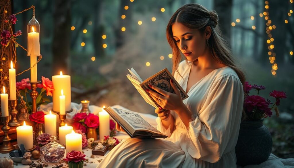 A mystical scene centered around a beautifully arranged altar adorned with candles, crystals, and vibrant flowers, symbolizing love spells. In the foreground, a serene Caucasian woman in a modest, flowing white dress gently holds a small, intricately designed spell book, illuminated by soft candlelight. Her expression reflects contemplation and hope. In the middle, mystical symbols and herbs for love magic are artistically scattered, hinting at ancient practices. The background features a softly glowing forest, with twinkling fairy lights and a gentle mist that create an enchanting atmosphere. The scene is bathed in warm, ethereal lighting, evoking a sense of magic and wonder, captured from a slightly downward angle for a whimsical effect.