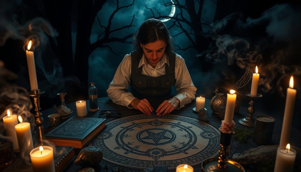 A mystical scene centered on a circular black magic ritual setup, with candles flickering in the dim light, casting ethereal shadows. In the foreground, a beautifully composed table displays ancient spellbooks, herbs, and crystals, surrounded by smoke swirling mysteriously. The middle ground reveals a Caucasian figure in modest, vintage attire, intently focusing on an intricate spell diagram inscribed on the table, with an expression of deep concentration and caution. The background features dark, gnarled trees and a crescent moon partially obscured by clouds, enhancing the eerie atmospheric mood. The lighting is low and dramatic, highlighting glimmers of silver and gold within the objects, creating an enchanting yet foreboding ambiance, emphasizing the serious nature of black magic practices.