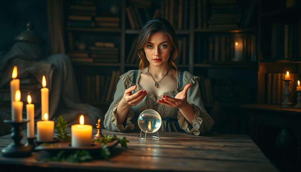 A mystical scene depicting a beautiful Caucasian woman in a cozy, dimly-lit room, casting a love spell. In the foreground, a wooden table laden with candles, herbs, and a small crystal orb, radiating a soft, warm glow. The middle ground features the woman, dressed in modest, enchanting attire, her hands gracefully gesturing towards the orb, with an expression of focused determination. The background reveals shelves filled with ancient spell books and trinkets, casting shadows that evoke a sense of mystery. Soft, golden candlelight illuminates the room, creating a tranquil and magical atmosphere, with a slightly blurred bokeh effect, enhancing the feeling of enchantment and introspection, while emphasizing the theme of love spells and their complexities.