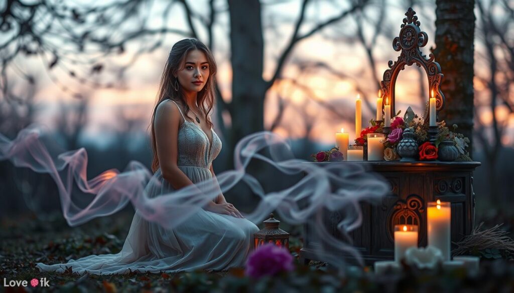 A mystical scene depicting a beautiful, enchanting love spell ritual. In the foreground, a Caucasian woman dressed in a flowing, ethereal dress kneels gracefully beside an ornate altar adorned with candles, crystals, and fresh flowers. Her expression is focused and serene, illuminated by the warm glow of candlelight. In the middle ground, wisps of silky smoke swirl around the altar, hinting at the magical essence of the spell being cast. The background features a softly blurred woodland setting, with gently swaying trees and a twilight sky painted in pastel hues. The atmosphere is enchanting and enchanting, evoking feelings of connection and intention, while maintaining a sense of respect and thoughtfulness around the themes of love and free will.
