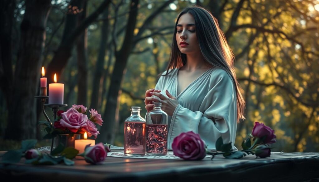A mystical scene depicting a beautifully arranged altar for casting a love spell, set in a softly lit, enchanted forest. In the foreground, a delicate crystal vial of shimmering pink potion sits on a wooden table surrounded by fresh roses and candles flickering in shades of purple and gold. The middle of the image features a Caucasian woman in modest, flowing attire, her long hair cascading around her as she holds her hands near the vial, eyes closed in concentration. The background showcases ethereal trees with gently swaying branches, illuminated by dappled sunlight filtering through the leaves, creating a warm and inviting atmosphere. The mood is serene and magical, evoking feelings of hope and passion. The angle is slightly elevated, focusing on the intimate details of the altar, enhancing the sense of wonder. A mystical scene depicting a beautifully arranged altar for casting a love spell, set in a softly lit, enchanted forest. In the foreground, a delicate crystal vial of shimmering pink potion sits on a wooden table surrounded by fresh roses and candles flickering in shades of purple and gold. The middle of the image features a Caucasian woman in modest, flowing attire, her long hair cascading around her as she holds her hands near the vial, eyes closed in concentration. The background showcases ethereal trees with gently swaying branches, illuminated by dappled sunlight filtering through the leaves, creating a warm and inviting atmosphere. The mood is serene and magical, evoking feelings of hope and passion. The angle is slightly elevated, focusing on the intimate details of the altar, enhancing the sense of wonder.