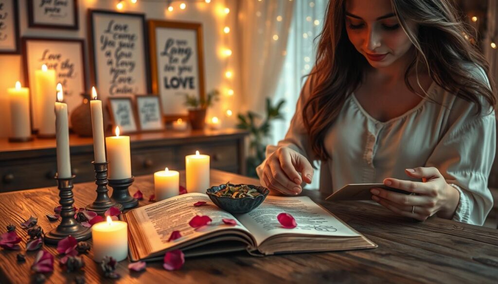 A mystical scene depicting a beautifully arranged love spell setup on a wooden table, featuring glowing candles in soft hues, delicate rose petals scattered artfully, and an open ancient spellbook with elegant, handwritten script. In the foreground, a woman in modest casual clothing, with flowing hair, is intently mixing herbal ingredients in a small bowl, exuding a sense of focus and care. The middle ground reveals a softly lit room adorned with enchanting decorations like framed love quotes and a gentle breeze flowing through a sheer curtain. In the background, twinkling fairy lights add a warm, inviting glow, creating a romantic atmosphere. Soft, warm lighting enhances the scene, casting gentle shadows, while a shallow depth of field brings emphasis to the intricate details of the love spell elements.
