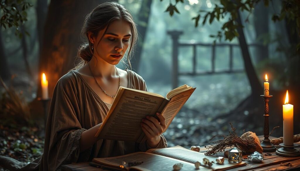 A mystical scene depicting a binding love spell in a serene environment. In the foreground, a beautiful Caucasian woman in modest, flowing attire carefully holds an ancient spell book, its pages glowing with soft, ethereal light. Her expression conveys focus and determination. Surrounding her are intricately arranged crystals and herbs, subtly shimmering in the light. In the middle ground, a flickering candle casts gentle shadows, enhancing the scene's enchanting atmosphere. The background features a dimly lit, enchanted forest, with soft, dappled light filtering through the leaves, creating a magical ambiance. The overall mood is serene, yet powerful, evoking a sense of enduring love and renewal. The lighting is warm and inviting, with a slight soft-focus effect, shot from a slight upward angle to emphasize the spell's significance. A mystical scene depicting a binding love spell in a serene environment. In the foreground, a beautiful Caucasian woman in modest, flowing attire carefully holds an ancient spell book, its pages glowing with soft, ethereal light. Her expression conveys focus and determination. Surrounding her are intricately arranged crystals and herbs, subtly shimmering in the light. In the middle ground, a flickering candle casts gentle shadows, enhancing the scene's enchanting atmosphere. The background features a dimly lit, enchanted forest, with soft, dappled light filtering through the leaves, creating a magical ambiance. The overall mood is serene, yet powerful, evoking a sense of enduring love and renewal. The lighting is warm and inviting, with a slight soft-focus effect, shot from a slight upward angle to emphasize the spell's significance.