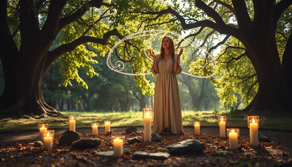 A mystical scene depicting a binding love spell in a serene forest glade. In the foreground, a beautiful Caucasian woman dressed in modest, flowing garments stands over a circle made of glowing herbs and candles, her hands raised as she channels energy with an aura of gentle light surrounding her. In the middle ground, the soft glow of the candles reflects off nearby stones, creating a magical ambiance. Delicate, ethereal wisps of light swirl around the female figure, symbolizing the connection of emotions. The background features ancient trees with lush green leaves, illuminated by dappled sunlight filtering through the canopy, enhancing the peaceful atmosphere. The image conveys a sense of tranquility and focused intention, perfect for invoking love while suggesting the responsibility of the act.