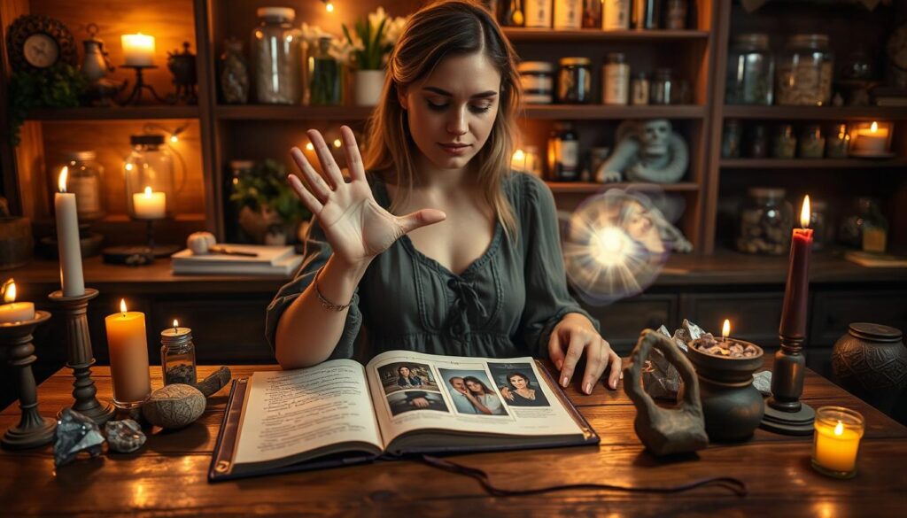 A mystical scene depicting a cozy, enchanting workspace filled with elements for binding photo attraction spells. In the foreground, a wooden table is adorned with vibrant candles, crystals, and an open spell book, with handwritten notes visible. A beautiful Caucasian woman, dressed in modest casual attire, waves her hand over a small collection of photographs, each representing a loved one. In the middle ground, a gently glowing orb of light rises from the photographs, symbolizing the magic being cast. The background features soft shelves filled with herbs and jars, bathed in warm, ambient lighting, creating an inviting atmosphere. The overall mood is one of focus, intention, and gentle magic, captured with a soft lens effect to enhance the enchanting feel.