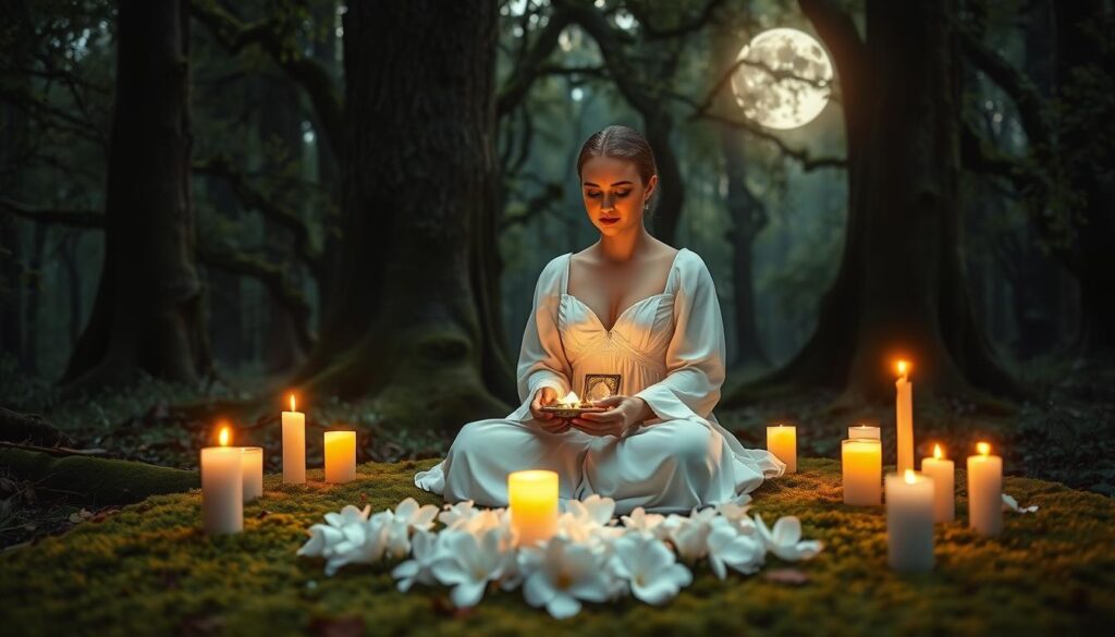 A mystical scene depicting a love binding spell in an enchanting forest setting. In the foreground, a beautiful Caucasian woman dressed in a flowing, elegant white gown sits cross-legged on a soft bed of moss, surrounded by glowing candles that emit a warm, golden light. Her hands are delicately holding a small, ornate box which contains a glowing crystal, symbolizing the essence of love. In the middle ground, a circle of flowers encircles her, each petal shimmering with soft magical light, enhancing the atmosphere of enchantment. The background features tall, ancient trees with soft green leaves, softly illuminated by ethereal moonlight filtering through the branches, casting gentle shadows. The overall mood is serene and romantic, evoking feelings of connection and magic, captured with a slightly blurred lens effect to enhance the mystical ambiance.