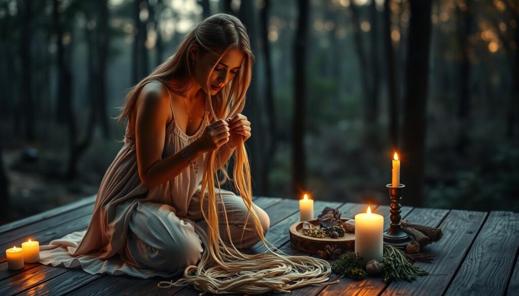 A mystical scene depicting a love spell being cast with strands of hair. In the foreground, a beautiful Caucasian woman, dressed in a flowing bohemian dress, kneels on a wooden surface surrounded by soft candlelight. She holds delicate strands of hair in her hands, which shimmer like golden silk. In the middle ground, a small table adorned with herbs, crystals, and a gently flickering candle creates an enchanting atmosphere. The background features a softly blurred forest at twilight, casting a magical glow with patches of ethereal light filtering through the trees. The overall mood is romantic and mystical, evoking a sense of wonder and enchantment. Soft, warm lighting enhances the intimate feel of the scene, with a focus on the woman’s serene expression as she concentrates on her spell. A mystical scene depicting a love spell being cast with strands of hair. In the foreground, a beautiful Caucasian woman, dressed in a flowing bohemian dress, kneels on a wooden surface surrounded by soft candlelight. She holds delicate strands of hair in her hands, which shimmer like golden silk. In the middle ground, a small table adorned with herbs, crystals, and a gently flickering candle creates an enchanting atmosphere. The background features a softly blurred forest at twilight, casting a magical glow with patches of ethereal light filtering through the trees. The overall mood is romantic and mystical, evoking a sense of wonder and enchantment. Soft, warm lighting enhances the intimate feel of the scene, with a focus on the woman’s serene expression as she concentrates on her spell.