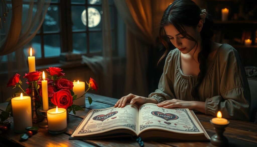 A mystical scene depicting a love spell in a dimly lit room filled with enchanting elements. In the foreground, a beautiful Caucasian woman, dressed in modest, elegant attire, is carefully arranging roses and candles on a wooden table, her expression focused and serene. In the middle ground, an open spell book displays intricate illustrations of hearts and magical symbols, illuminated by a soft, warm glow from nearby candles. The background features a softly draped curtain and a window showing a moonlit night, adding to the ethereal atmosphere. The lighting is warm and inviting, casting gentle shadows that enhance the mysterious and romantic mood, highlighting the essence of love spells in modern times.