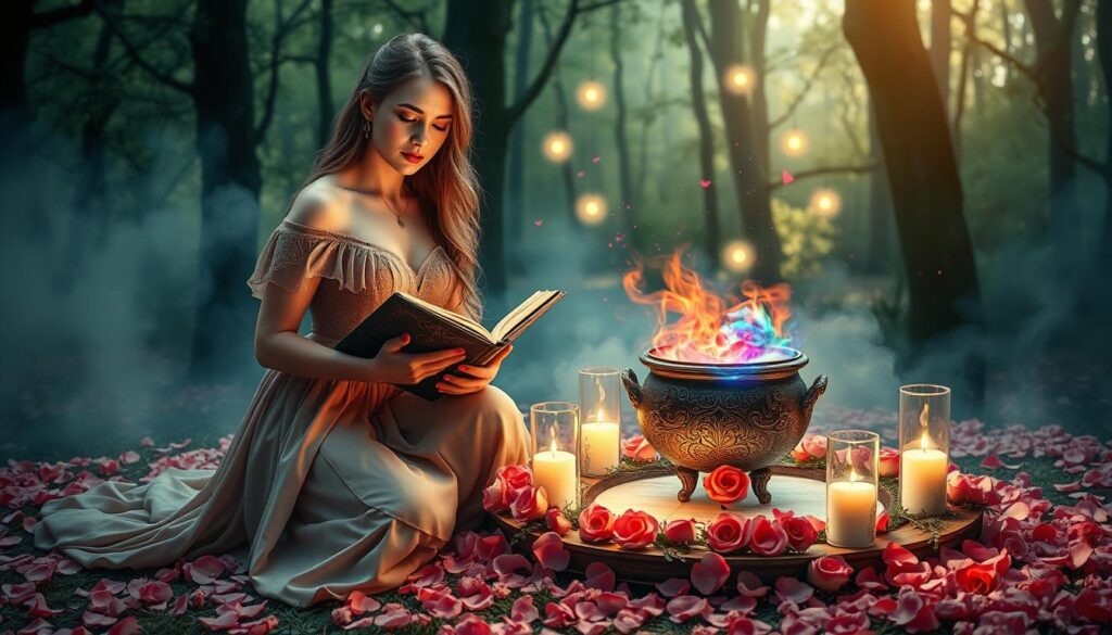A mystical scene depicting a love spell in a softly lit, enchanting setting. In the foreground, a beautiful Caucasian woman in a flowing, elegant gown kneels beside a circular altar adorned with pink and red roses, candles, and shimmering crystals. She gracefully holds an ancient spellbook, her expression one of concentration and intent. In the middle ground, an ornate cauldron bubbles with colorful wisps of magic emanating from it, while a gentle breeze stirs the petals around her. In the background, ethereal mist envelops a serene forest, with gently glowing orbs of light hanging between the trees, creating an atmosphere of enchantment and mystery. Soft, warm lighting bathes the scene, evoking a sense of safety and reverence for the power of intent and love.