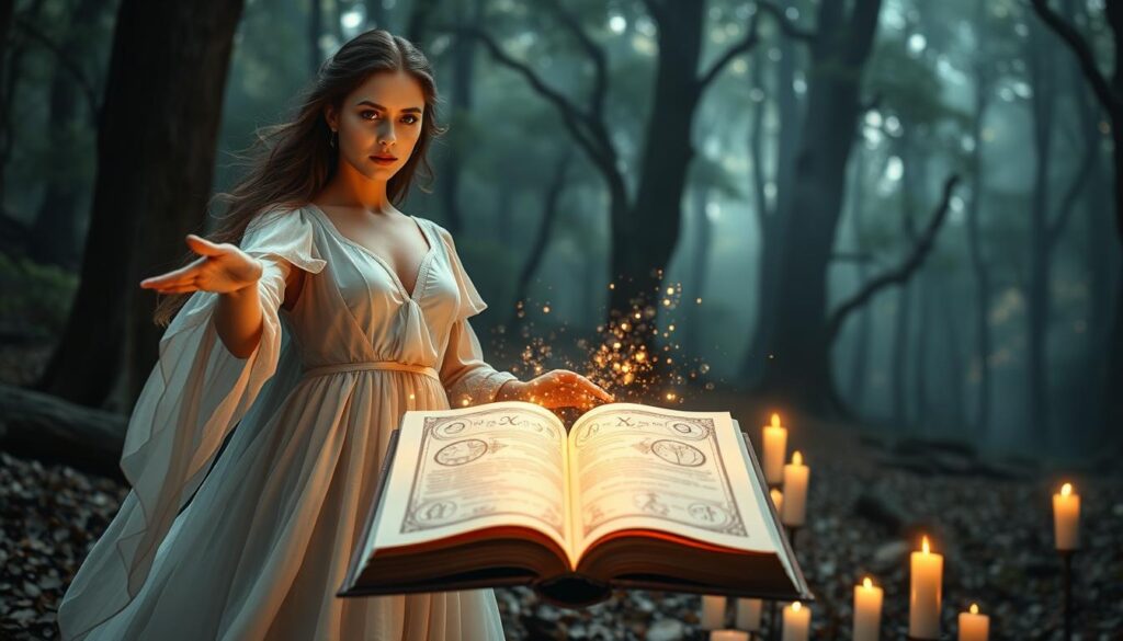 A mystical scene depicting a reverse binding spell in action. In the foreground, a beautiful Caucasian woman dressed in a flowing, ethereal gown stands confidently, her hands outstretched as she releases shimmering energy towards a glowing, intricately designed spellbook. In the middle ground, the spellbook opens with swirling pages and radiant runes illuminating the space, surrounded by candles casting a warm, flickering light. The background features an enchanted forest with softly glowing orbs and delicate wisps of mist weaving through the trees. The atmosphere is magical yet serene, with soft, dappled lighting filtering through the foliage, creating an enchanting ambiance that hints at the breaking of binding ties. Capture the moment with a cinematic angle, focusing on the powerful expression of determination on the woman's face.