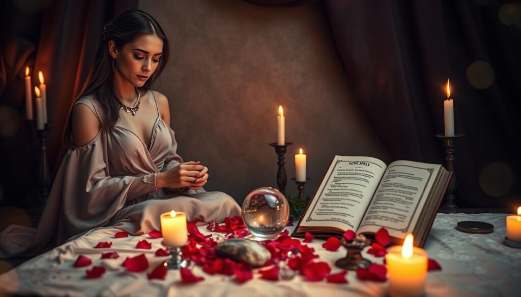 A mystical scene depicting a serene, candlelit altar dedicated to love magic. In the foreground, a beautiful Caucasian woman, dressed in a flowing, elegant gown, carefully arranges fragrant rose petals and crystals on a soft, velvet cloth. Her expression is calm and focused, embodying intention and sincerity. In the middle ground, delicate candles flicker softly, casting warm, inviting glows that illuminate a crystal ball and a spell book open to a page about love spells. The background features a wall draped in dark, velvety curtains, enhancing the sense of secrecy and enchantment. The atmosphere is filled with a dreamy, ethereal quality, evoking feelings of hope and love, with soft bokeh lighting adding depth and magic to the scene.