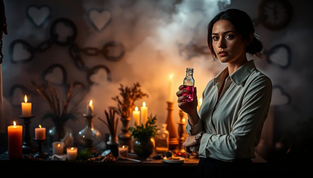 A mystical scene depicting a serene, dimly lit room filled with various love spell ingredients like candles, herbs, and crystals. In the foreground, a beautiful Caucasian woman in professional attire stands thoughtfully, holding a delicate vial containing a shimmering, pink liquid, symbolizing the essence of love spells. Her expression is a mix of contemplation and concern, capturing the uncertainty of spellcasting. The middle ground features a table cluttered with enchanted objects, softly illuminated by the flickering candlelight creating warm and eerie shadows. In the background, ethereal mist hints at the complexities and potential consequences of love spells, with faint images of hearts and broken chains subtly formed in the fog. Dramatic lighting enhances the mood of curiosity and caution, inviting viewers to reflect on the power and pitfalls of magic.