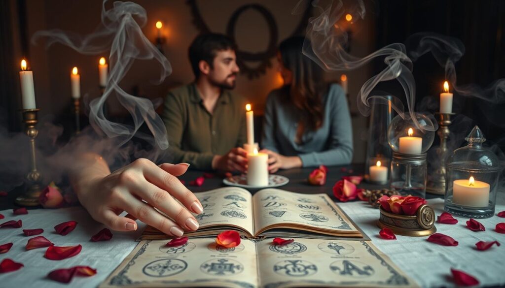 A mystical scene depicting a table adorned with various love spell signs, such as candles, rose petals, and crystal orbs. In the foreground, a delicate pair of hands, featuring beautifully manicured nails, gracefully snows over an open spell book filled with ancient symbols. In the middle, a couple sits across from each other, dressed in modest casual clothing, their expressions a blend of curiosity and enchantment as they light a candle together. In the background, soft, ambient lighting casts a warm glow over the setting, while ethereal wisps of smoke swirl around them, creating a sense of magic and intimacy. The atmosphere is enchanting and mysterious, inviting viewers to explore the connection between love and the supernatural.
