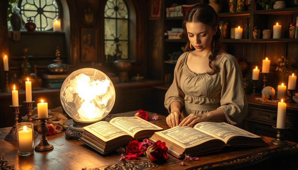 A mystical scene depicting an enchanting workspace where love spells are crafted. In the foreground, a beautiful Caucasian woman in a modest, elegant dress stands over an ornate wooden table, carefully arranging various spell ingredients like roses, candles, and crystals. Her focused expression suggests concentration and intent. In the middle ground, a softly glowing crystal ball emits warm, inviting light, surrounded by ancient spell books opened to pages filled with intricate symbols. The background features a softly lit room with shelves filled with magical artifacts and herbs, enhancing the mystical atmosphere. The overall mood is one of calm and introspection, illuminated by warm candlelight that casts gentle shadows, creating a sense of wonder and possibility.