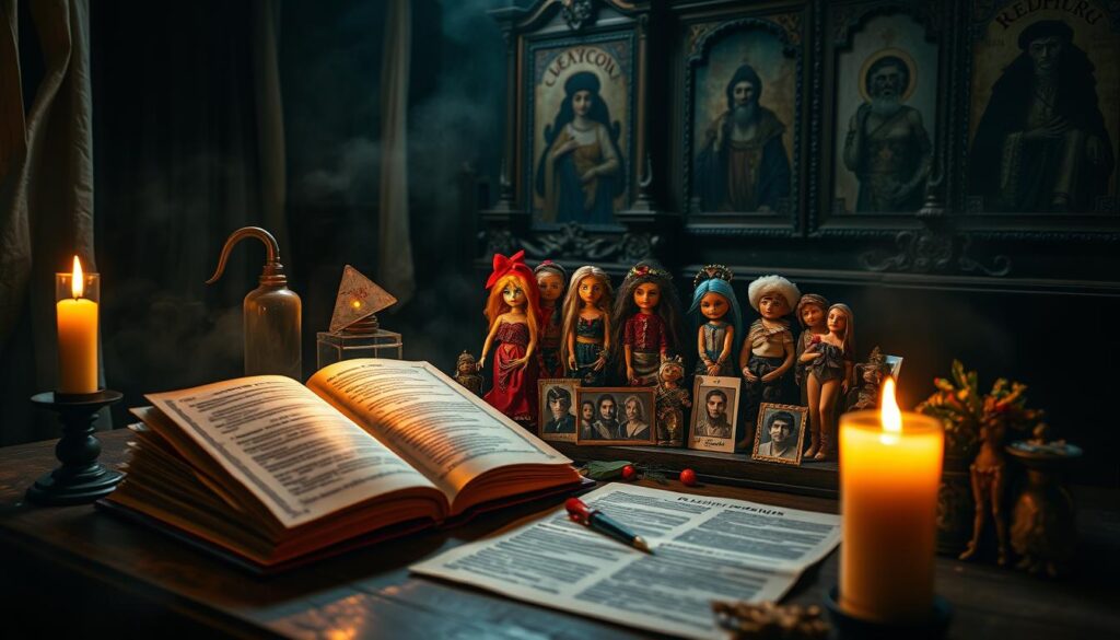 A mystical scene depicting an intricate voodoo spell setup featuring a collection of enchanting photo charms arranged on a wooden altar. In the foreground, a beautifully detailed, open book of spells lies beside a softly glowing candle, casting warm, flickering light. The middle ground showcases vibrant, colorful voodoo dolls and carefully placed photographs, each representing different subjects, adorned with herbs and mystical symbols. The background is a shadowy, dimly lit room with hanging drapes and ancient, faded paintings of voodoo traditions. The atmosphere is mystical and enchanting, filled with an air of ancient wisdom and intrigue. Soft, ambient lighting enhances the magical feel, creating a sense of wonder and curiosity. A mystical scene depicting an intricate voodoo spell setup featuring a collection of enchanting photo charms arranged on a wooden altar. In the foreground, a beautifully detailed, open book of spells lies beside a softly glowing candle, casting warm, flickering light. The middle ground showcases vibrant, colorful voodoo dolls and carefully placed photographs, each representing different subjects, adorned with herbs and mystical symbols. The background is a shadowy, dimly lit room with hanging drapes and ancient, faded paintings of voodoo traditions. The atmosphere is mystical and enchanting, filled with an air of ancient wisdom and intrigue. Soft, ambient lighting enhances the magical feel, creating a sense of wonder and curiosity.