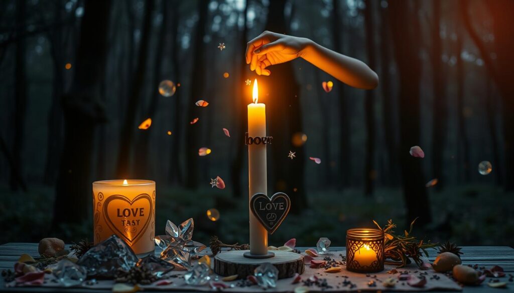 A mystical scene depicting attraction spells being performed. In the foreground, a beautifully arranged altar adorned with shimmering crystals, fragrant herbs, and an intricately carved love charm. Two Caucasian figures, one male and one female, dressed in modest casual attire, stand closely together, their hands interlinked above the altar as they focus on a glowing candle casting a warm, golden light. In the middle ground, scattered petals and small, delicate charms float in the air, shimmering softly. The background features a dimly lit forest, with ethereal lights glowing between the trees, creating an enchanting, magical atmosphere. The overall mood is serene and mystical, highlighting the connection between the figures and the powerful energy of the spell.