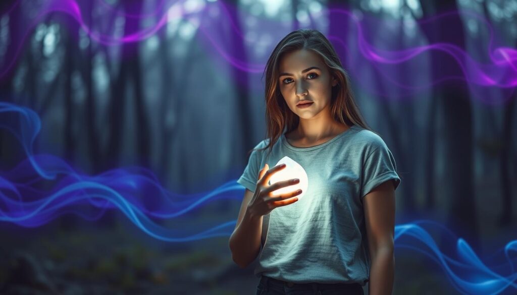 A mystical scene depicting energy consequences in a serene and otherworldly setting. In the foreground, a beautiful Caucasian woman in modest casual clothing stands holding a glowing crystal orb, her expression reflecting deep contemplation. The mid-ground features swirling energy waves, colored in vibrant purples and blues, subtly outlining the concept of energy drain. In the background, a soft-focus forest illuminates with ethereal light, casting a serene and mystical atmosphere. Use soft, diffused lighting to enhance the mood, creating shadows that emphasize the energy patterns around her. The perspective should be slightly angled to give depth, inviting viewers into this enchanting world while conveying a sense of caution in the practice of voodoo love spells.