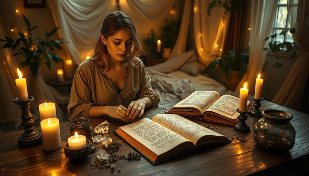 A mystical scene depicting signs of spell working in a serene, enchanting atmosphere. In the foreground, a beautiful Caucasian woman in modest casual clothing sits at a wooden table, carefully arranging crystals and candles, their soft glow illuminating her focused expression. The middle ground features an open spell book with handwritten notes and herbs scattered around, symbolizing the elements of the spell. In the background, a gently lit room is adorned with flowing fabrics and plants, creating a warm and inviting ambiance. Soft, magical lighting casts a golden hue over the entire scene, enhancing the sense of wonder and enchantment. The mood is hopeful and tranquil, evoking the anticipation of love blossoming from the spell's energy.