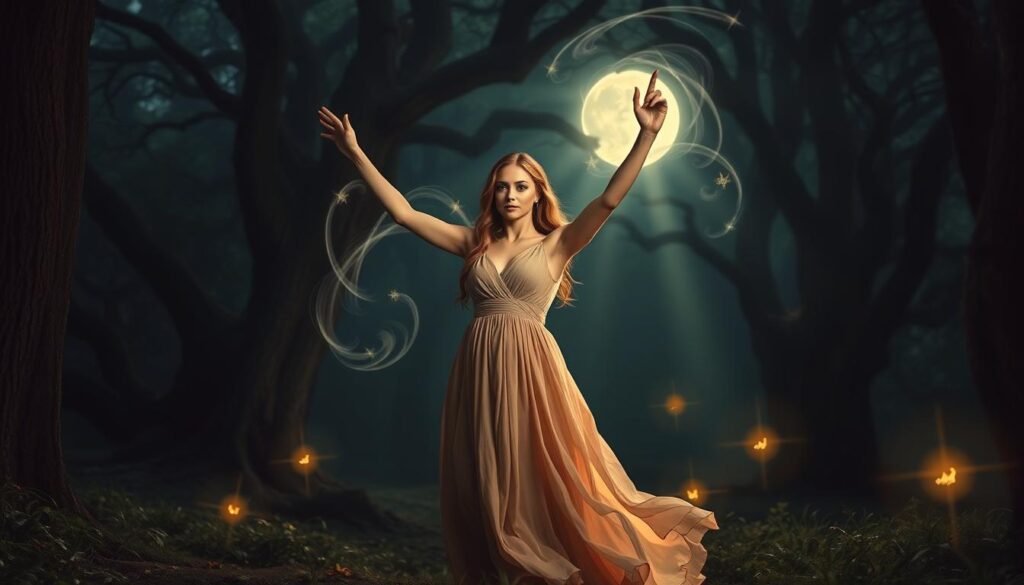 A mystical scene depicting "spells resistance" in a dimly lit, enchanted forest. In the foreground, a beautiful Caucasian woman in a flowing, elegant dress stands with her arms raised, surrounded by swirling magical energy that appears to be repelling charms and spells. Her expression conveys determination and strength. In the middle ground, faintly glowing symbols of love spells can be seen, drifting away into the shadows. The background reveals ancient trees with soft beams of moonlight filtering through, casting a serene yet mysterious atmosphere. The lighting is soft, with a focus on illuminating her figure against the darkened forest. The overall mood is one of empowerment and contemplation, evoking a sense of captivating magic intertwined with the struggles of love.