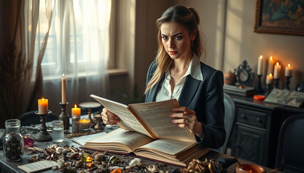 A mystical scene depicting the challenges of love spells, featuring a beautiful Caucasian woman in professional attire standing before a cluttered table filled with candles, crystals, and spell components. She looks contemplative, with an expression that conveys uncertainty and frustration as she examines an open spell book in her hands. In the background, soft, ethereal light filters through a window, casting gentle shadows and creating a dreamlike atmosphere. Colorful gemstones and dried herbs are scattered across the table, hinting at the magic's potential. The scene captures a sense of introspection and the complexity of love, emphasizing that not all spells yield the desired outcomes. The lighting is warm and inviting, evoking a reflective mood, with a slight ethereal glow enhancing the mystique of the setting.