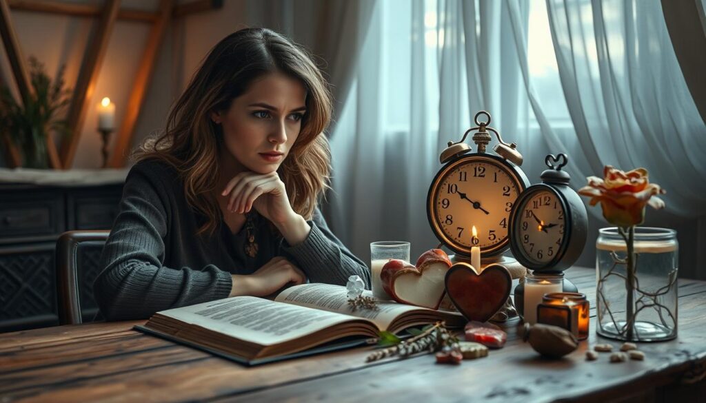 A mystical scene depicting the common reasons love spells don't work. In the foreground, a thoughtful Caucasian woman in modest casual attire sits at a rustic wooden table, gazing at an open spell book filled with candles, herbs, and crystals that symbolize love. Her expression reflects contemplation and concern. In the middle ground, a collection of symbolic elements like a broken heart, a clock (representing timing issues), and a withered flower (indicating lack of sincere intention) are artfully arranged. The background features a softly lit room with draped curtains, casting gentle light, creating a warm, magical atmosphere. The overall mood is reflective, inviting curiosity about the complexities of love spells.