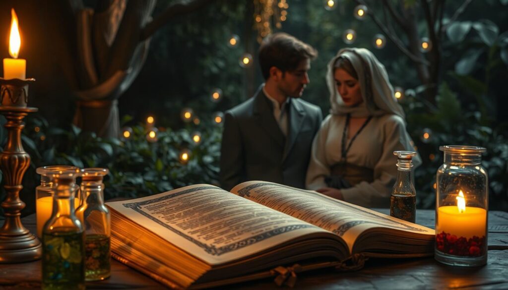 A mystical scene depicting the concept of "binding spells" in a serene and enchanting atmosphere. In the foreground, an ornate, ancient spellbook is open, its pages illuminated by a warm, flickering candlelight, casting soft shadows. Surrounding the book are delicate crystal vials filled with colorful potions and herbs, suggesting the ingredients of the spell. In the middle ground, a pair of elegant, beautifully dressed Caucasian figures in modest attire, one male and one female, are deeply engaged in the act of performing the binding spell, their faces expressing concentration and connection. In the background, a lush, dimly lit garden with soft, glowing orbs of light floating in the air adds to the magical ambiance. The overall lighting is warm and inviting, creating a sense of intrigue and wonder. The composition is balanced and atmospheric, inviting viewers into the world of love binding magic.
