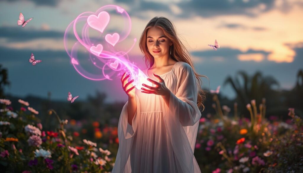 A mystical scene depicting the concept of "love spells energy." In the foreground, a beautiful Caucasian woman dressed in flowing, ethereal robes holds a glowing crystal in her hands, emanating soft pink and purple light, symbolizing love and attraction. Surrounding her are swirling wisps of energy, resembling heart shapes and sparkles, that dance through the air. In the middle ground, a serene garden filled with vibrant flowers and lush greenery creates a tranquil atmosphere, while delicate butterflies flutter around, enhancing the sense of enchantment. The background features a twilight sky with soft, diffuse lighting, casting a dreamlike glow over the scene. The overall mood is warm, inviting, and infused with a sense of magic and connection.