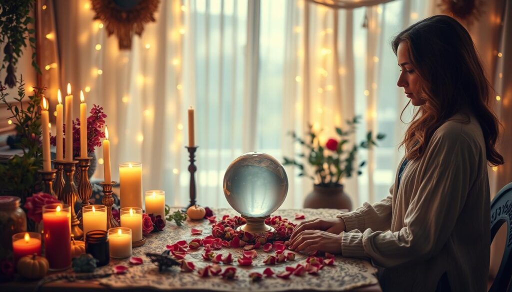 A mystical scene depicting the concept of love spells, set in a softly lit room filled with ethereal decorations. In the foreground, a beautiful Caucasian woman in modest casual clothing is intently focused on an ornate table covered with candles, incense, fresh flowers, and spell ingredients like crystals and herbs. The middle ground features a softly glowing crystal ball surrounded by a delicate circle made of rose petals, symbolizing intention and love. The background is softly blurred with fairy lights and sheer curtains that create a warm, enchanting atmosphere. The overall mood is serene and inviting, emphasizing the ethical and intentional aspects of casting love spells, captured with warm ambient lighting and a soft focus effect.