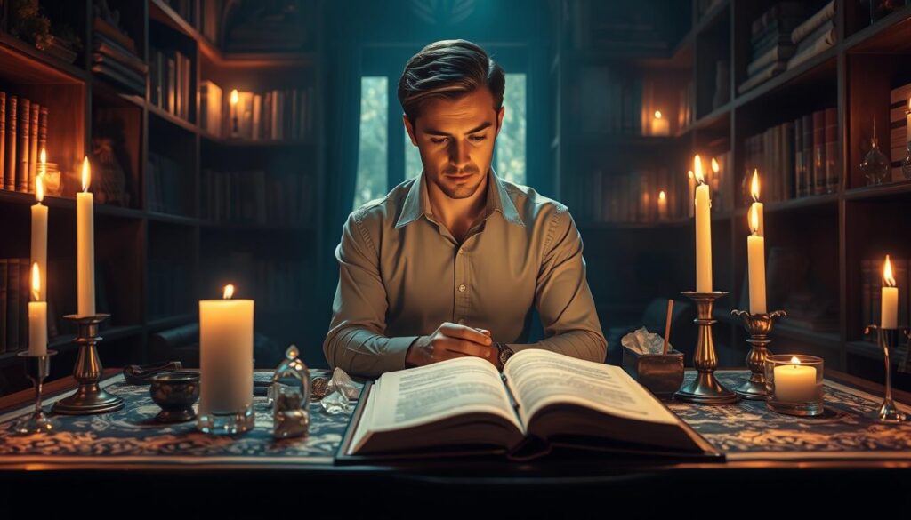 A mystical scene depicting the concept of "spell effectiveness" in the context of an obsession spell. Foreground: a beautifully detailed tabletop with spell components arranged neatly, including candles, crystals, and a grimoire glowing softly. Middle: a Caucasian figure in modest, professional attire, looking thoughtfully at the arranged items, with a subtle expression of concern reflecting the concept of troubleshooting. Background: a dimly lit room filled with shelves of books and herbs, casting soft shadows that create a mysterious atmosphere. Lighting is warm and ethereal, with flickering candle flames providing a magical glow. The angle captures the intensity of focus while emphasizing the challenges of spell casting, invoking a sense of contemplation and intrigue.