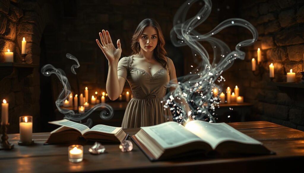 A mystical scene depicting the concept of "spell reversal." In the foreground, a beautiful Caucasian woman in a modest, elegant dress stands with her hands raised, surrounded by swirling magical energy that symbolizes the breaking of an unwanted love spell. Her expression is one of determination and focus. In the middle ground, ancient spell books and crystals are scattered across a wooden table, glowing softly. Ethereal sparks of light emanate from the books, creating a sense of enchantment. The background features a dimly lit, candle-filled room with stone walls, enhancing the mood of mystery and power. Soft, flickering candlelight casts warm hues, creating an atmospheric glow that suggests hope and transformation. The angle is slightly low, emphasizing the woman's powerful stance amid the magic. A mystical scene depicting the concept of "spell reversal." In the foreground, a beautiful Caucasian woman in a modest, elegant dress stands with her hands raised, surrounded by swirling magical energy that symbolizes the breaking of an unwanted love spell. Her expression is one of determination and focus. In the middle ground, ancient spell books and crystals are scattered across a wooden table, glowing softly. Ethereal sparks of light emanate from the books, creating a sense of enchantment. The background features a dimly lit, candle-filled room with stone walls, enhancing the mood of mystery and power. Soft, flickering candlelight casts warm hues, creating an atmospheric glow that suggests hope and transformation. The angle is slightly low, emphasizing the woman's powerful stance amid the magic.