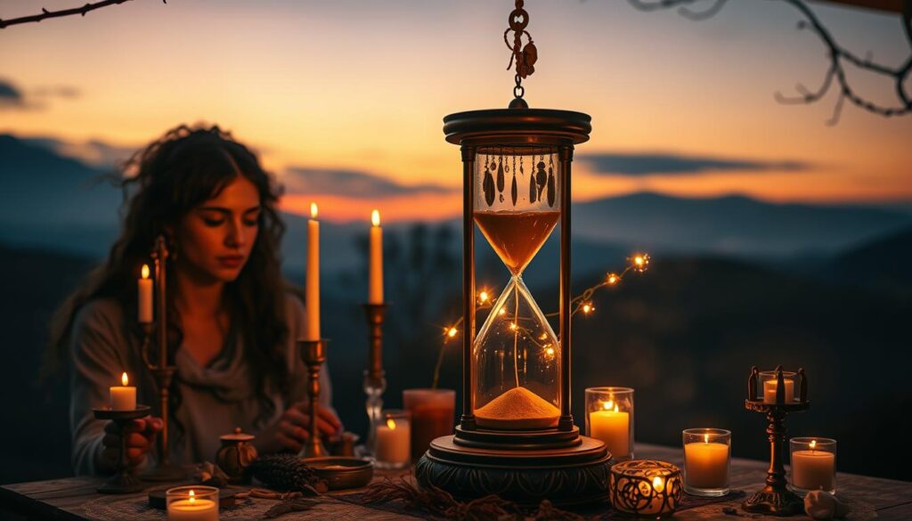 A mystical scene depicting the concept of "spell timing" intertwined with Voodoo elements. In the foreground, a beautiful Caucasian woman in modest, flowing clothing is focused on an ornate voodoo altar, filled with candles, herbs, and charms, reflecting her intent to cast a powerful love spell. The middle ground features a clear glass hourglass with golden sand trickling down, symbolizing the importance of timing, surrounded by delicate glowing orbs that represent the signs of attraction and romance. The background reveals a dreamy twilight landscape with faint stars twinkling above, illuminating the scene with a soft, ethereal light. The overall atmosphere is enchanting, evoking a sense of mystery and anticipation, captured with a warm, inviting glow as if the magic is palpable in the air.
