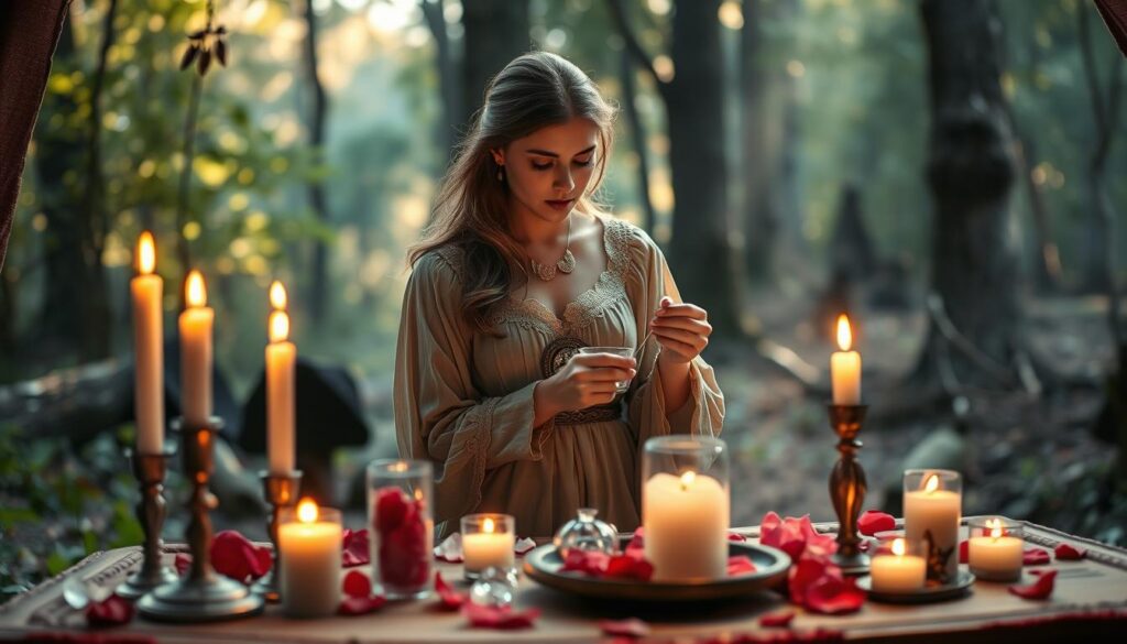 A mystical scene depicting the essence of love spells, featuring a beautifully crafted altar in the foreground with candles and enchanting crystals, radiating a warm, inviting glow. In the middle ground, a graceful Caucasian figure dressed in modest, flowing attire is carefully preparing ingredients for a love spell, with a soft, focused expression. Surrounding her are symbols of love, such as rose petals and heart-shaped charms, enhancing the atmosphere of magic. The background reveals a softly lit forest glade, with gentle rays of sunlight filtering through the trees, creating a serene and enchanting mood. Emphasize a dreamy ambiance with soft bokeh lighting and a slightly blurred effect on the background to draw attention to the spellcasting action.