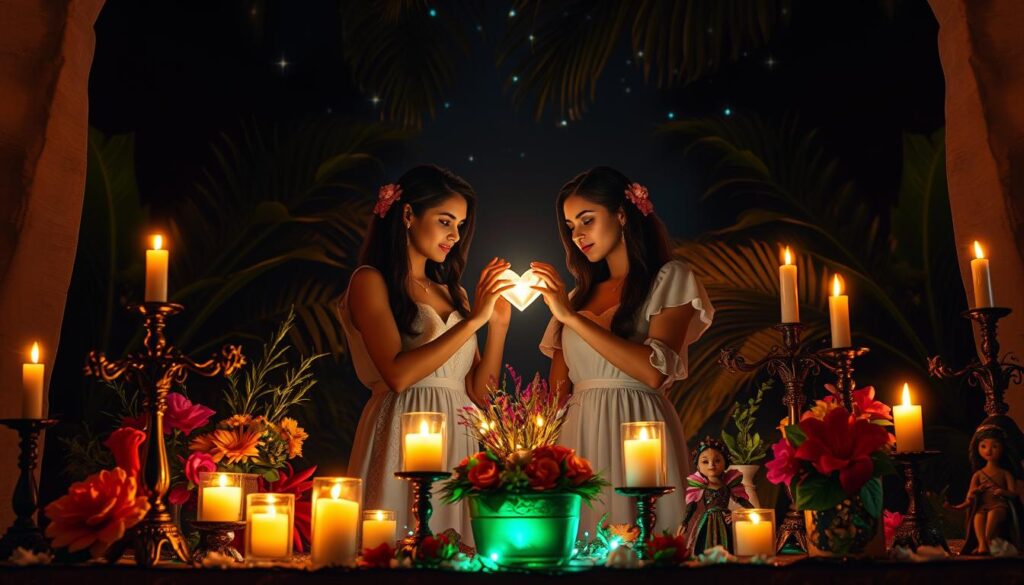 A mystical scene depicting the essence of "voodoo love," featuring a beautifully adorned altar in the foreground. The altar is vibrant, decorated with candles, colorful flowers, and intricate voodoo dolls symbolizing love and attraction. In the middle ground, a pair of beautiful Caucasian figures, dressed in modest yet elegant clothing, are engaged in a gentle ritual, their hands almost touching as they focus on a glowing heart-shaped charm. Soft, warm lighting bathes the scene, creating an intimate and enchanting atmosphere. In the background, shadows of lush tropical plants and hints of a night sky glimmer with stars, enhancing the magical mood. The overall composition evokes feelings of romance, mystique, and the power of connection.