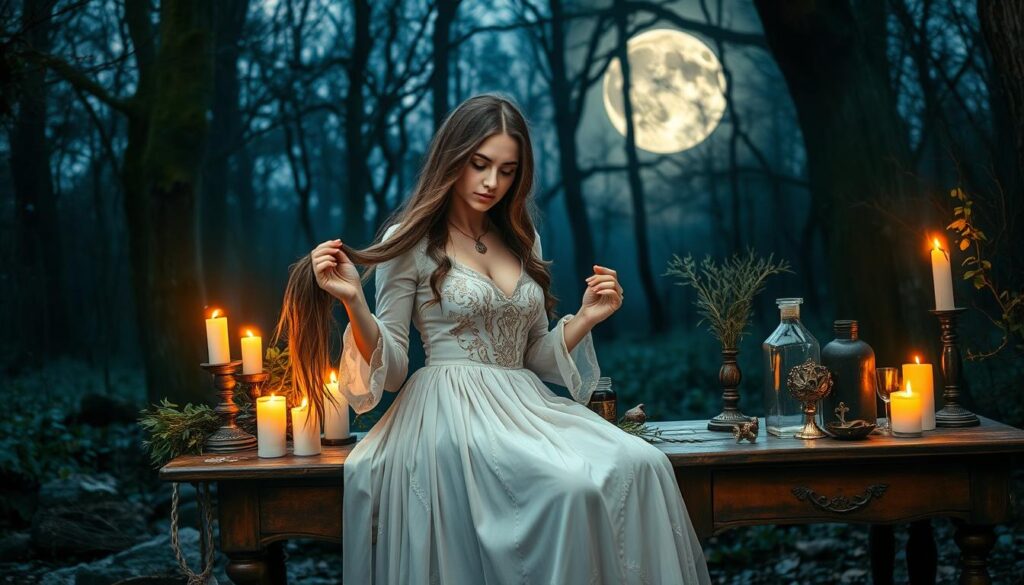 A mystical scene depicting the essence of witchcraft, focusing on the contrast between white magic and black magic. In the foreground, a beautiful Caucasian woman dressed in a flowing, elegantly embroidered white gown, gently holding strands of hair surrounded by glowing candles and herbs. The middle ground showcases a vintage wooden table adorned with mystical symbols, potion bottles, and spell tools, with soft candlelight casting flickering shadows. In the background, a dark, enchanted forest glimmers under a full moon, suggesting a duality of magic. The atmosphere is magical and serene, with ethereal light filtering through the trees, and the overall mood evokes curiosity and wonder. Use a soft focus lens to enhance the dreamy quality, with warm lighting illuminating the scene. A mystical scene depicting the essence of witchcraft, focusing on the contrast between white magic and black magic. In the foreground, a beautiful Caucasian woman dressed in a flowing, elegantly embroidered white gown, gently holding strands of hair surrounded by glowing candles and herbs. The middle ground showcases a vintage wooden table adorned with mystical symbols, potion bottles, and spell tools, with soft candlelight casting flickering shadows. In the background, a dark, enchanted forest glimmers under a full moon, suggesting a duality of magic. The atmosphere is magical and serene, with ethereal light filtering through the trees, and the overall mood evokes curiosity and wonder. Use a soft focus lens to enhance the dreamy quality, with warm lighting illuminating the scene.