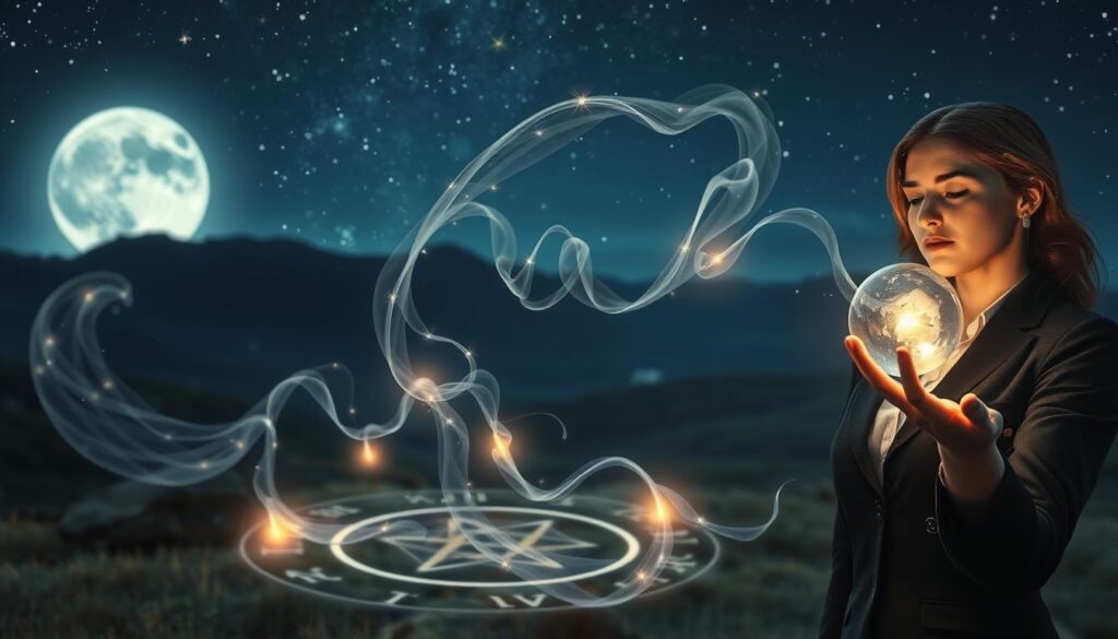 A mystical scene depicting the process of closing spells energy with a serene atmosphere. In the foreground, a beautiful Caucasian figure in professional attire holds a shimmering crystal orb, channeling vibrant, swirling energy. The middle ground features ethereal symbols and runes softly glowing, adding a sense of magical allure. In the background, a starry night sky is visible, illuminated by a full moon, casting a gentle, silvery light across the landscape. The overall mood is one of tranquility and empowerment, emphasizing safety and control. The lighting enhances the mystical energy, with soft glows and shadows creating depth, captured from a slightly low angle to instill a sense of majesty and reverence for the magical practice.