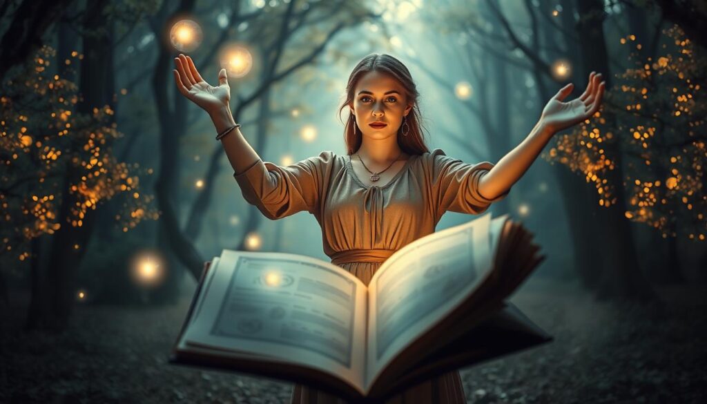 A mystical scene depicting the reversal of a love binding spell. In the foreground, a beautiful Caucasian woman dressed in elegant, modest clothing stands with her arms raised, surrounded by soft, glowing orbs of light, symbolizing the release of energies. Her expression is focused and serene, conveying determination. In the middle ground, a large, ancient spellbook lies open, its pages fluttering as though caught in a gentle breeze; intricate symbols glow faintly on the pages. The background features a softly lit, enchanted forest with shimmering trees, casting dappled shadows across the scene. The overall mood is calming yet powerful, suggesting liberation and emotional clarity. The lighting is soft, with ethereal hues of blue and gold, creating a harmonious atmosphere. The image captures the essence of undoing a spell, evoking a sense of hope and renewal.