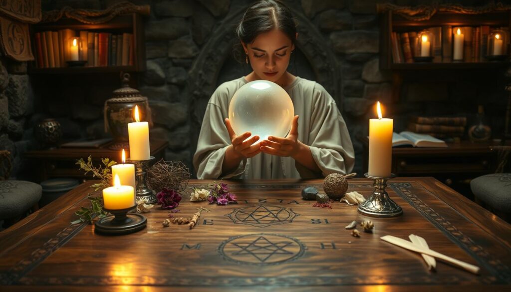 A mystical scene depicting the ritual of casting an obsession spell. In the foreground, a beautifully crafted wooden table is adorned with candles flickering softly, their warm light casting delicate shadows. A Caucasian woman in modest, flowing attire is focused intently on a crystal orb, surrounded by vibrant herbs and magical symbols etched into the table. In the middle ground, an array of spell components like dried flowers, stones, and quills showcase the intricacies of the spellcasting process. The background features a dimly lit stone wall lined with ancient books and scrolls, adding to the enchanting atmosphere. Soft, ethereal lighting bathes the scene, enhancing the sense of mystique and concentration, inviting viewers into the world of magical practices.