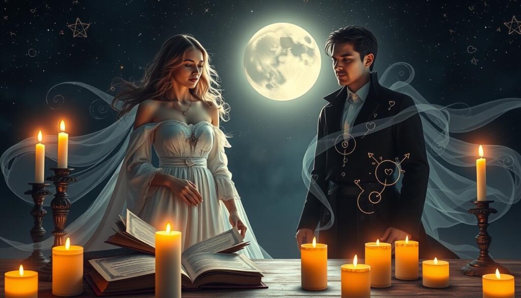 A mystical scene depicting the "types of love magic," featuring two ethereal figures: a beautiful Caucasian woman dressed in flowing white robes representing white magic, and a handsome Caucasian man in dark attire symbolizing black magic. In the foreground, ornate spellbooks and glowing candles create an enchanting atmosphere. The middle ground features binding spells with threads of light intertwining and tiny hearts, while obsession spells appear as swirling shadows around the male figure. In the background, a starry night sky twinkles with celestial symbols, enhanced by soft moonlight casting gentle illumination over the scene. The mood is both enchanting and mysterious, emphasizing the contrast between light and dark magic. Use a soft focus lens with warm lighting to create an alluring and magical ambiance.