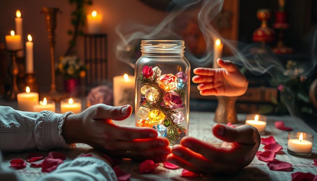 A mystical scene depicting the vibrant energy of a love spell jar ritual. In the foreground, a beautifully crafted glass love jar filled with colorful crystals, herbs, and glowing, warm light emanates from within. Surrounding the jar are hands of a beautiful Caucasian person, adorned in elegant, modest attire, gracefully moving in a ritualistic manner. In the middle ground, softly flickering candles and delicate rose petals enhance the enchanted atmosphere, while gentle wisps of shimmering energy ripple through the air. The background features a softly lit, dimly decorated altar with a hint of nature, like vines and flowers, creating a serene yet powerful ambiance. The scene is illuminated by soft, warm lighting, conveying a sense of magic and tranquility, captured with a subtle depth of field effect for an immersive feel.