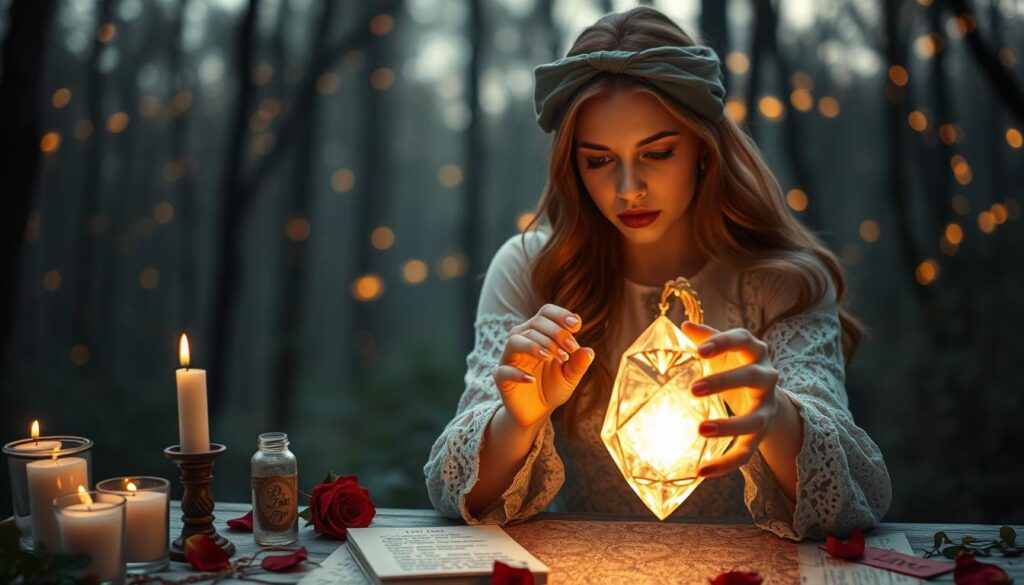 A mystical scene depicting two beautifully dressed Caucasian figures, one casting a love spell with a glowing crystal pendant in hand and the other observing with intrigue. In the foreground, the focus is on the crystal pendant emitting a soft, warm light, illuminating their faces. The middle ground features various symbolic items associated with love spells, such as candles, rose petals, and engraved letters, creating a sense of enchantment. The background reveals a softly glowing, ethereal forest at dusk, with twinkling lights resembling fireflies. The atmosphere is magical and hopeful, evoking curiosity and wonder about the effectiveness of love spells. Use soft, diffused lighting to enhance the dreamy quality of the image, with a slightly blurred bokeh effect in the background to draw attention to the figures.