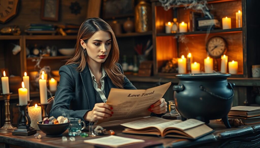 A mystical scene featuring a beautiful Caucasian woman in professional business attire, sitting at a rustic wooden table cluttered with candles, crystals, and ancient spell books. In the foreground, she is thoughtfully examining a spell scroll; her expression shows focus and determination. The middle ground includes a cauldron gently bubbling, emitting wisps of colorful smoke, symbolizing the troubleshooting process of love spells. In the background, softly glowing shelves lined with spell ingredients and herbs add depth, illuminated by warm, flickering candlelight. The overall atmosphere is enchanting yet serious, inviting viewers to reflect on the complexities of love spells. The image should be captured from a slightly elevated angle to emphasize the enchanting workspace and the woman’s engaged demeanor, evoking a sense of purpose and magic.