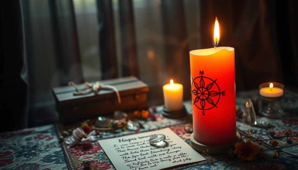 A mystical scene featuring a compass candle ritual designed to bring back a lover. In the foreground, a beautifully crafted candle shaped like a compass, with intricate designs, glows warmly. Surrounding the candle are delicate, fragrant flowers and herbs. In the middle ground, a rustic wooden table covered with a colorful cloth displays small crystals and a handwritten spell. A soft, flickering light emanates from the candle, casting enchanting shadows. In the background, dark, velvety curtains create a magical, intimate atmosphere. Soft, ethereal lighting enhances the mood, suggesting a sense of hope and longing. The camera angle is slightly above, capturing the ritual's essence while keeping a focus on the candle, inviting viewers into the serene, spellbinding experience.