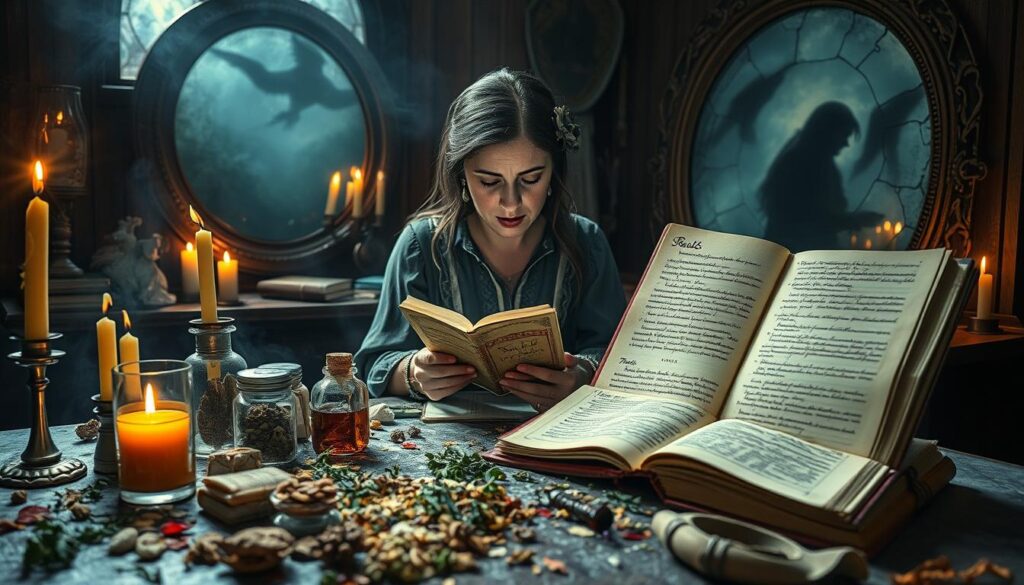 A mystical scene illustrating common mistakes that cause spells to backfire. In the foreground, a table cluttered with various spell ingredients like candles, herbs, and potions, some spilled and poorly mixed, indicating confusion. In the middle ground, a worried, beautifully dressed Caucasian woman in modest attire with a focused expression, examining an ancient spellbook with chaotic notes scribbled in the margins. The background features a dimly lit room with swirling magical energy, distorted reflections in a cracked mirror, and shadowy figures that hint at unintended consequences. Soft, eerie ambient lighting casts deep shadows, creating a tense, mystical atmosphere, reminiscent of a magical mishap. The composition captures the seriousness of improper spellwork, all while maintaining a safe, professional depiction.