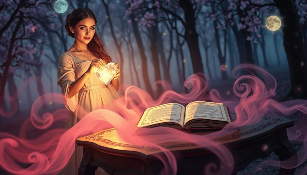 A mystical scene illustrating the concept of a "love spell." In the foreground, a beautiful Caucasian woman, dressed in a modest, flowing gown, gracefully holds a glowing heart-shaped crystal, casting a gentle, warm light. In the middle ground, a spellbook lies open on an ornate wooden table, its pages filled with intricate symbols. Surrounding the table, ethereal mist swirls, drawing in soft pastel hues of pink and lavender. In the background, a magical forest with softly glowing trees creates an enchanting atmosphere, illuminated by soft, dappled moonlight. The scene conveys romance and mystery, inviting viewers into a serene, calm world, evoking feelings of love and connection. The lighting is soft and enchanting, suggesting twilight.