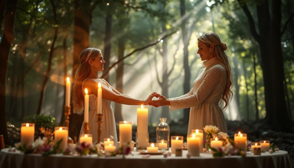 A mystical scene illustrating the concept of love magic, featuring a beautiful Caucasian couple engaging in a shared moment of connection. In the foreground, the couple holds hands, surrounded by a softly glowing aura that symbolizes enchantment and harmony. The middle ground reveals an elegantly arranged table adorned with candles, crystals, and delicate flowers, creating an inviting atmosphere. In the background, a serene forest setting is illuminated by dappled sunlight filtering through the trees, enhancing the magical ambiance. Use warm, ethereal lighting to evoke feelings of love and tranquility. The angle should be slightly elevated, capturing the enchanting elements while focusing on the couple's engaging expressions. The overall mood is romantic, enchanting, and contemplative, inviting viewers to reflect on the power of love.