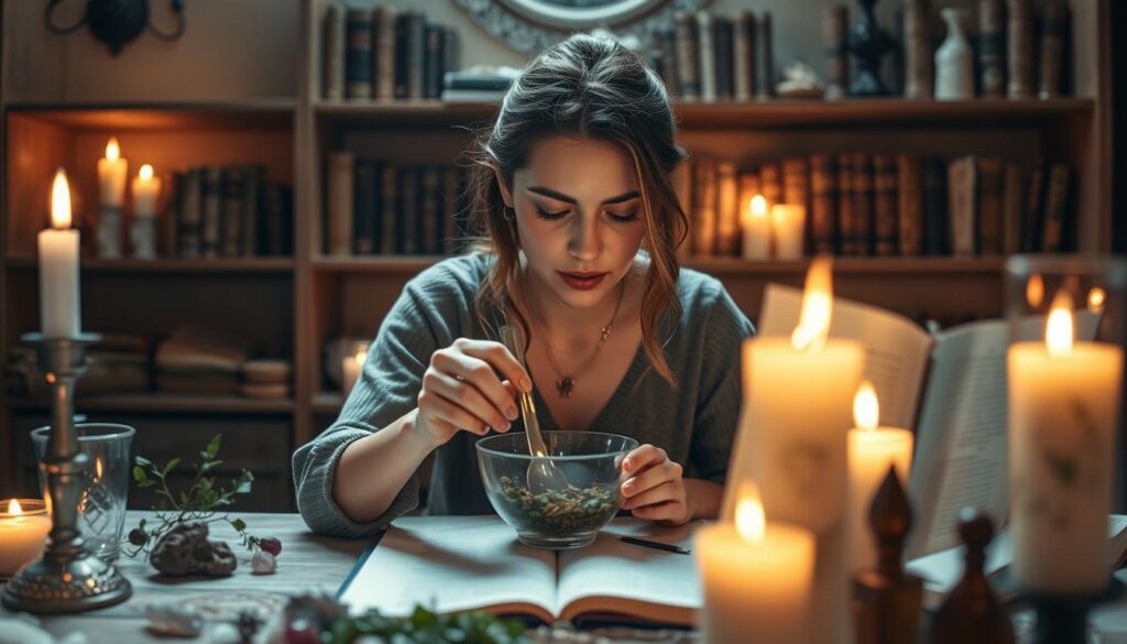 A mystical scene illustrating the process of a love spell in real life, featuring a beautifully decorated table in the foreground adorned with candles, crystals, and a small, open spellbook. In the middle, a focused Caucasian woman in modest casual clothing gently mixes herbs in a glass bowl, her expression serene and intent, surrounded by soft, ambient candlelight that flickers and dances. In the background, a softly blurred shelf lined with ancient tomes and subtle magical artifacts, giving an air of mystery. The lighting is warm and inviting, creating a cozy, enchanting atmosphere. The composition has a slight overhead angle, inviting viewers to focus on the intricate details of the spell-casting process, capturing the essence of love and intention without the dramatic flair depicted in movies.