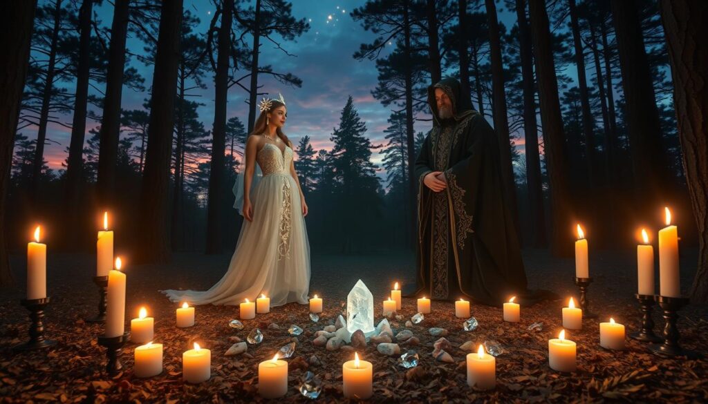 A mystical scene of a peaceful forest clearing at twilight, where two beautifully dressed Caucasian figures, one representing White Magic and the other Black Magic, stand face to face. The White Magic figure wears a flowing white gown adorned with sparkling symbols of love and light, while the Black Magic figure is clad in a dark robe with intricate, mysterious patterns. In the foreground, a circular arrangement of candles casts a warm, flickering glow around them, highlighting delicate crystals and herbs laid out in a heart shape. In the background, tall trees frame a sky painted in hues of deep blue and purple, with glowing orbs of light drifting gently above. The atmosphere is enchanting and serene, inviting viewers to explore the journey of choosing one's path in love.