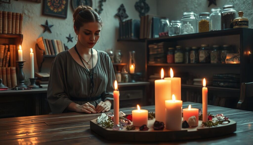 A mystical scene of a spell caster crafting love spells in a softly lit room filled with enchanting decor. In the foreground, a discerning spell caster, a beautiful Caucasian woman dressed in elegant, modest attire, is focused on a set of candles arranged in a heart shape on a wooden table. Various crystals and herbs surround the candles, reflecting the colors of pink and red, symbolizing love. In the middle background, shelves lined with ancient spell books and jars filled with colorful ingredients create a magical atmosphere. Soft, warm lighting emanates from the candles, casting gentle shadows that enhance the mysterious feel of the room. The mood is serene and inviting, encouraging the viewer to explore the art of love spells with an ethical approach.